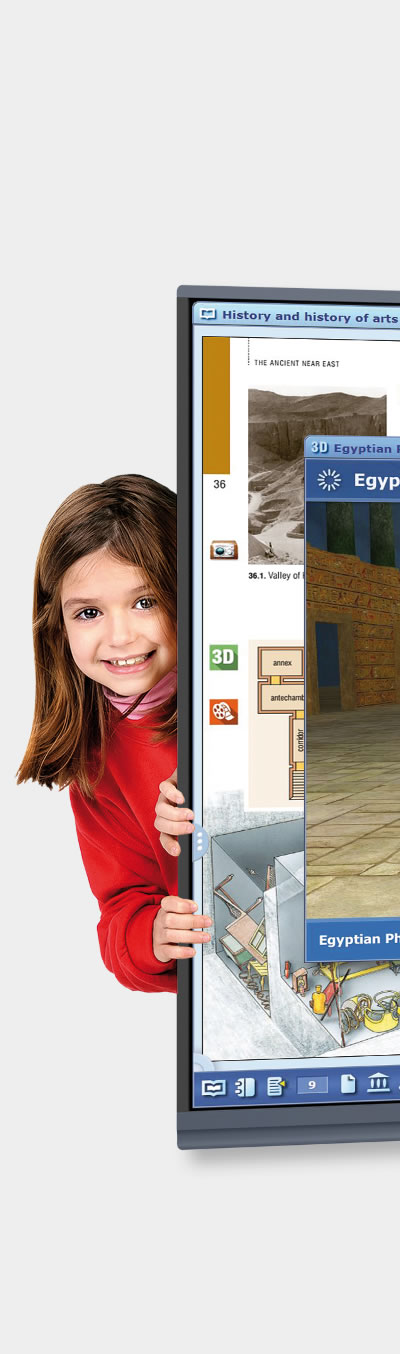 A child peeking round from the back of an IFPD running Mozaik software